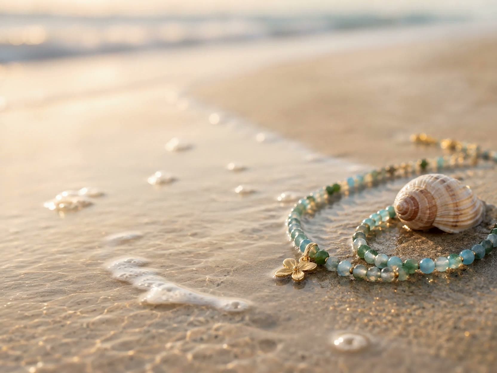 Collar de cuentas de aguamarina y jade con dije de oro junto a una caracola sobre la arena al borde del mar