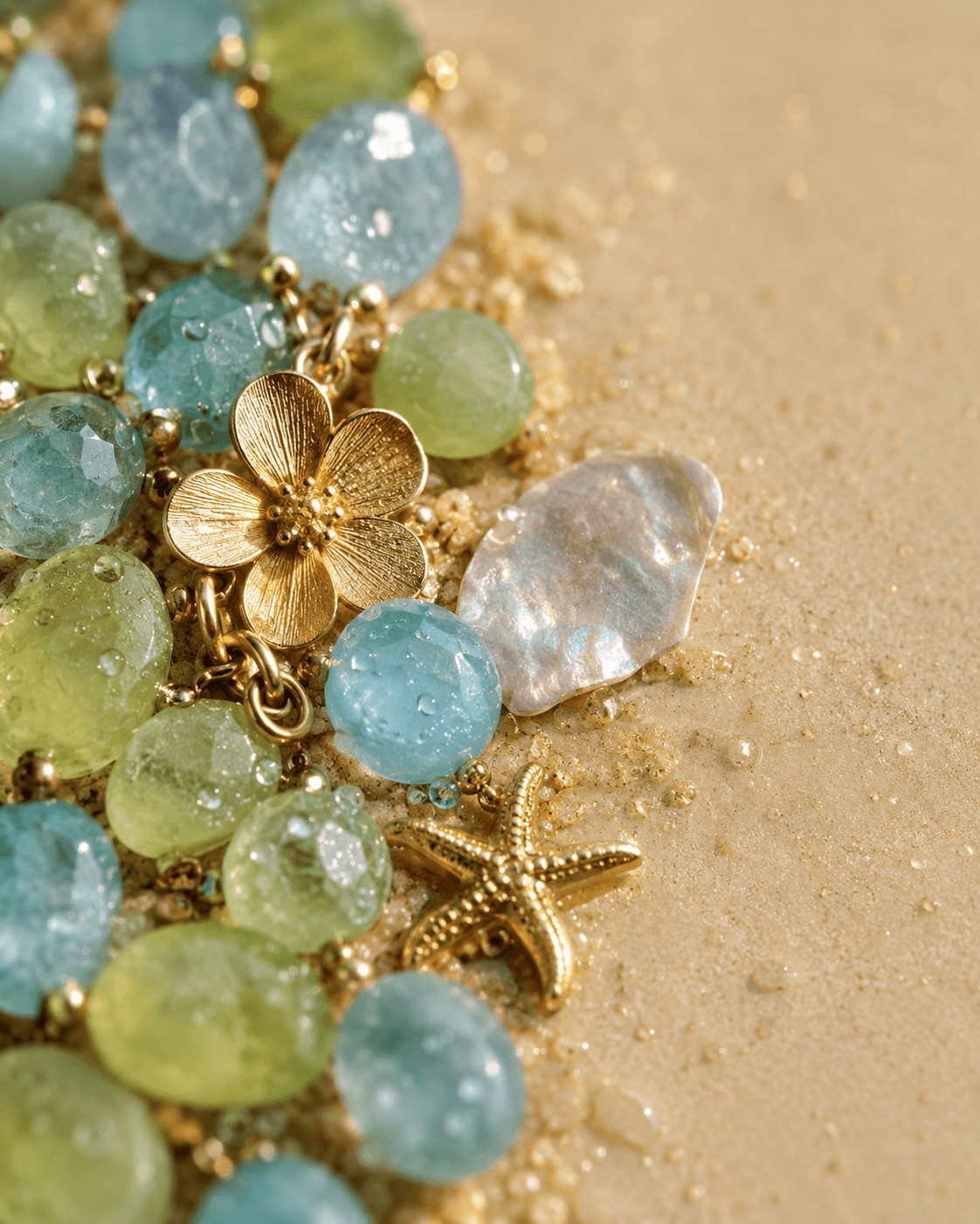 Primer plano de cuentas de aguamarina y jade junto a un dije de flor y una estrella de mar doradas
